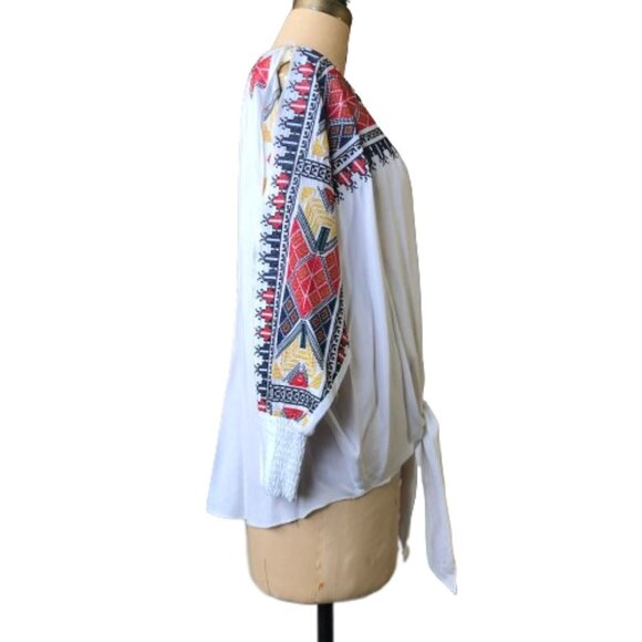 NWOT Boho embroidered tie front white loose light tunic top blouse - Picture 5 of 16